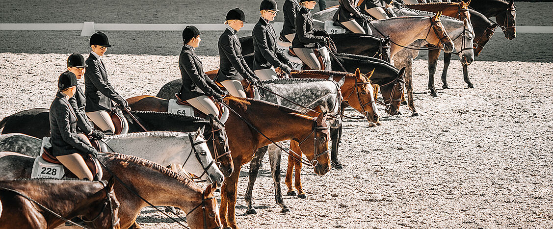 Reiterinnen und Reiter sitzen in einer Reihe auf verschiedenen Pferden in einer Reithalle und warten geordnet während einer Prüfung, alle in einheitlicher Turnierkleidung.